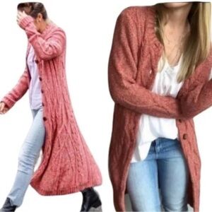 Anthropologie Far Away From Home Long Cable knit Sweater Cardigan W-912 Sz L